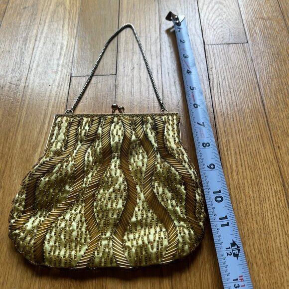 Vintage Gold Beaded Satin Evening Clutch Bag With Chain Strap Kiss Lock Closure - Picture 7 of 15